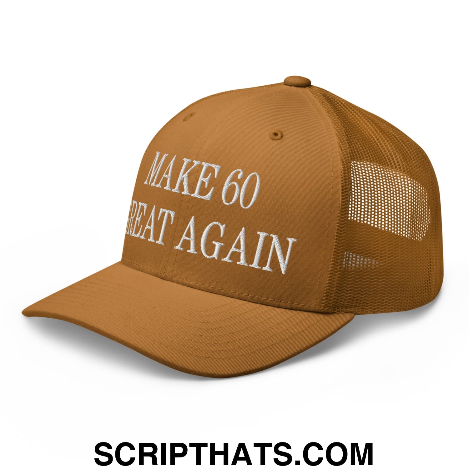 Tan mesh trucker hat with white embroidered make 60 great again text in front for casual wear