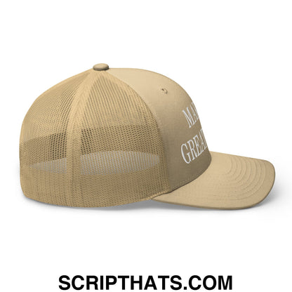 Tan mesh trucker hat with embroidered white make america great again text on front panel for casual wear