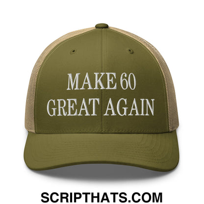 Olive green and tan mesh trucker hat with white embroidered make 60 great again text front design