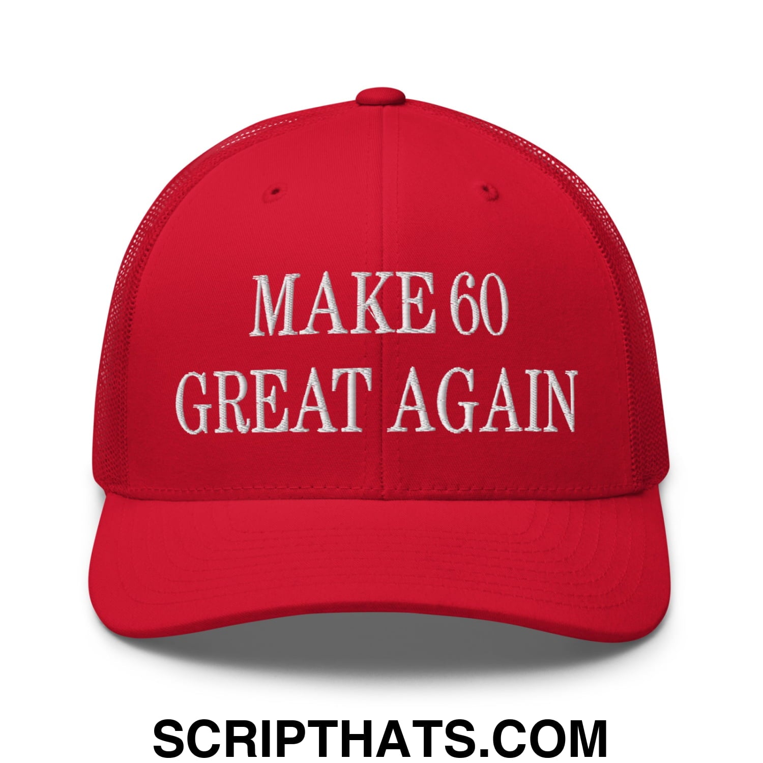 Red mesh trucker hat with white embroidered make 60 great again text in a bold design