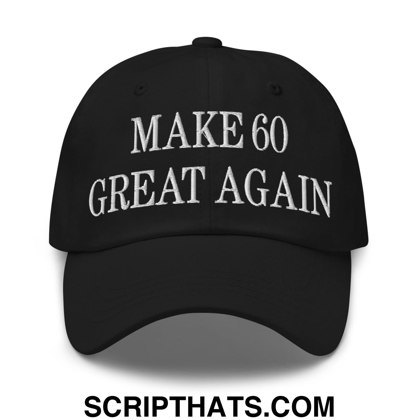 Black unstructured dad hat with white embroidered make 60 great again text on front for casual wear