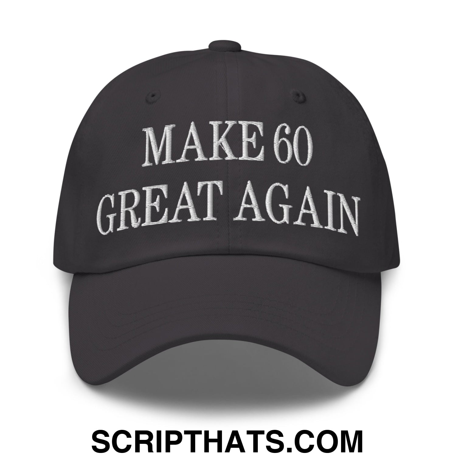 Black unstructured dad hat with white embroidered make 60 great again text for casual wear