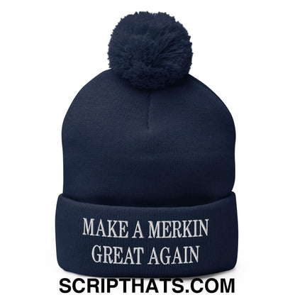 Make A Merkin Great Again Embroidered Knit Pom Pom Beanie Navy