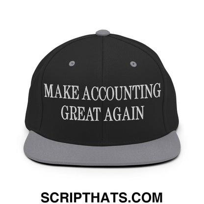 Black snapback hat with gray brim and white embroidered text make accounting great again on the front