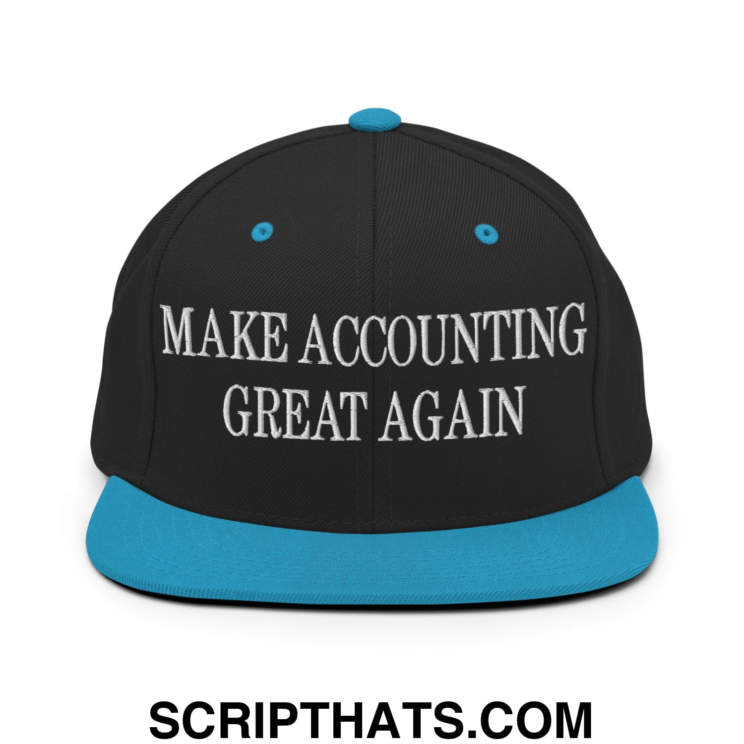 Black snapback cap with teal brim and button featuring white embroidered text make accounting great again