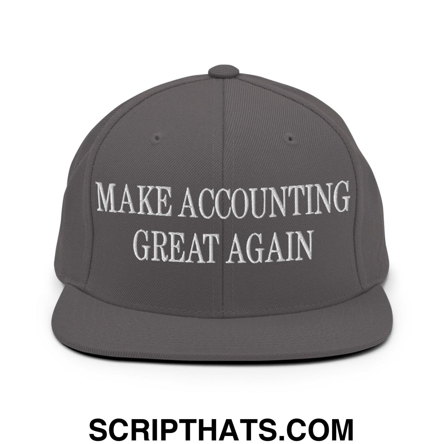Gray snapback hat with white embroidered make accounting great again text and a flat bill brim design