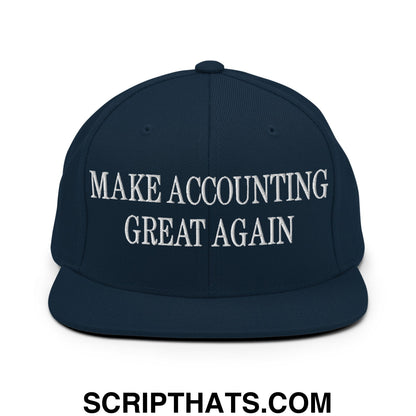 Navy blue snapback cap with white embroidered make accounting great again text and flat bill brim design