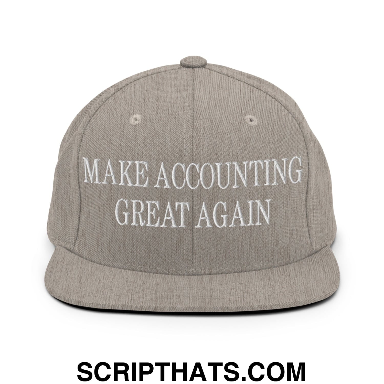 Gray flat bill snapback hat with white embroidered text reading make accounting great again for accounting fans