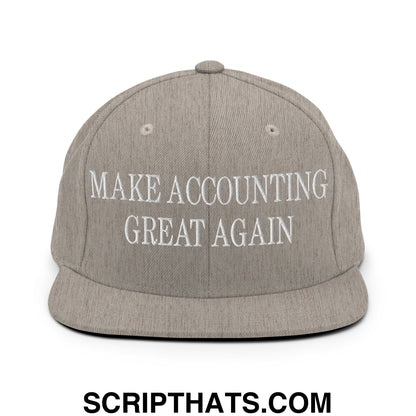 Gray flat bill snapback hat with white embroidered text reading make accounting great again for accounting fans