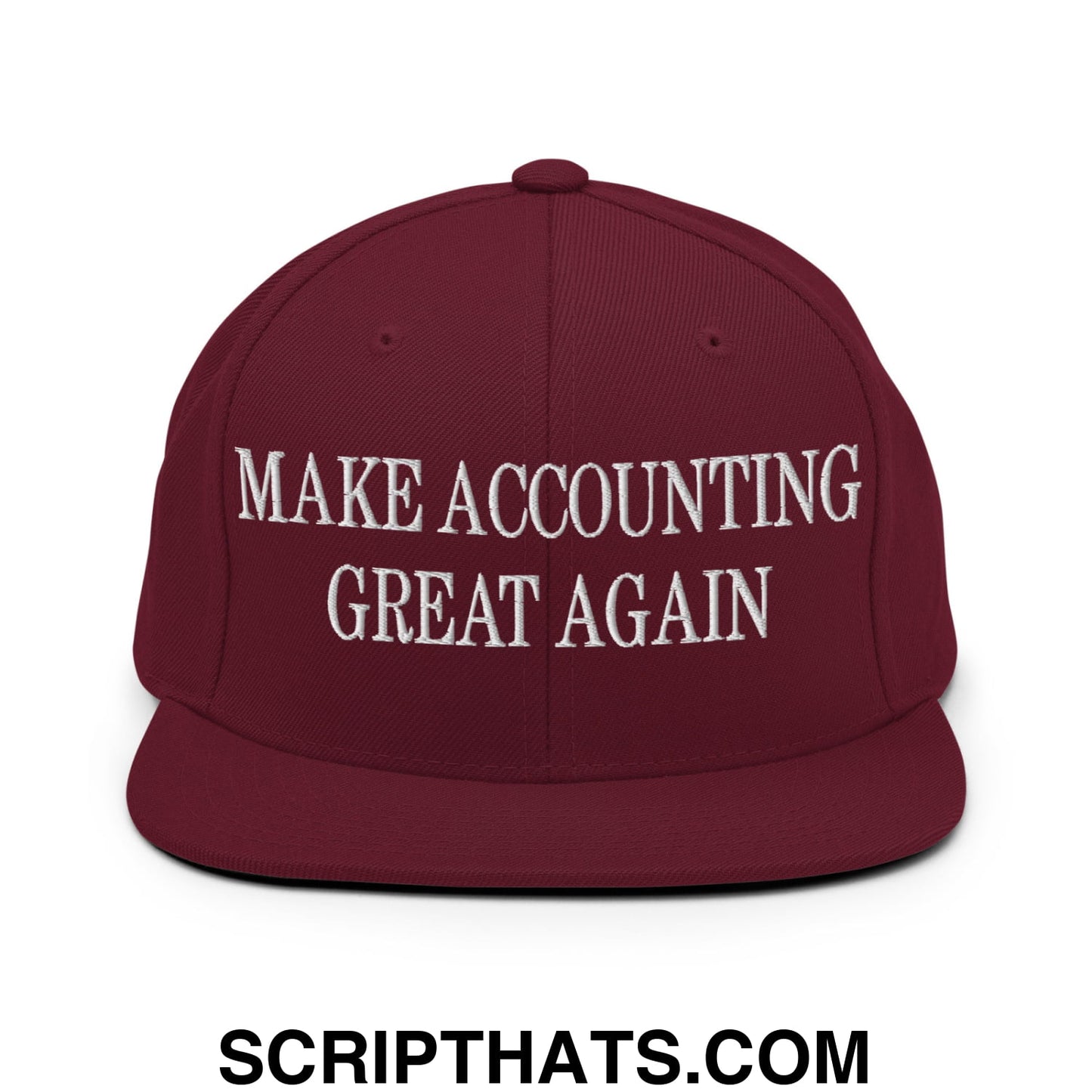 Maroon flat bill snapback hat with white embroidered text make accounting great again for casual wear