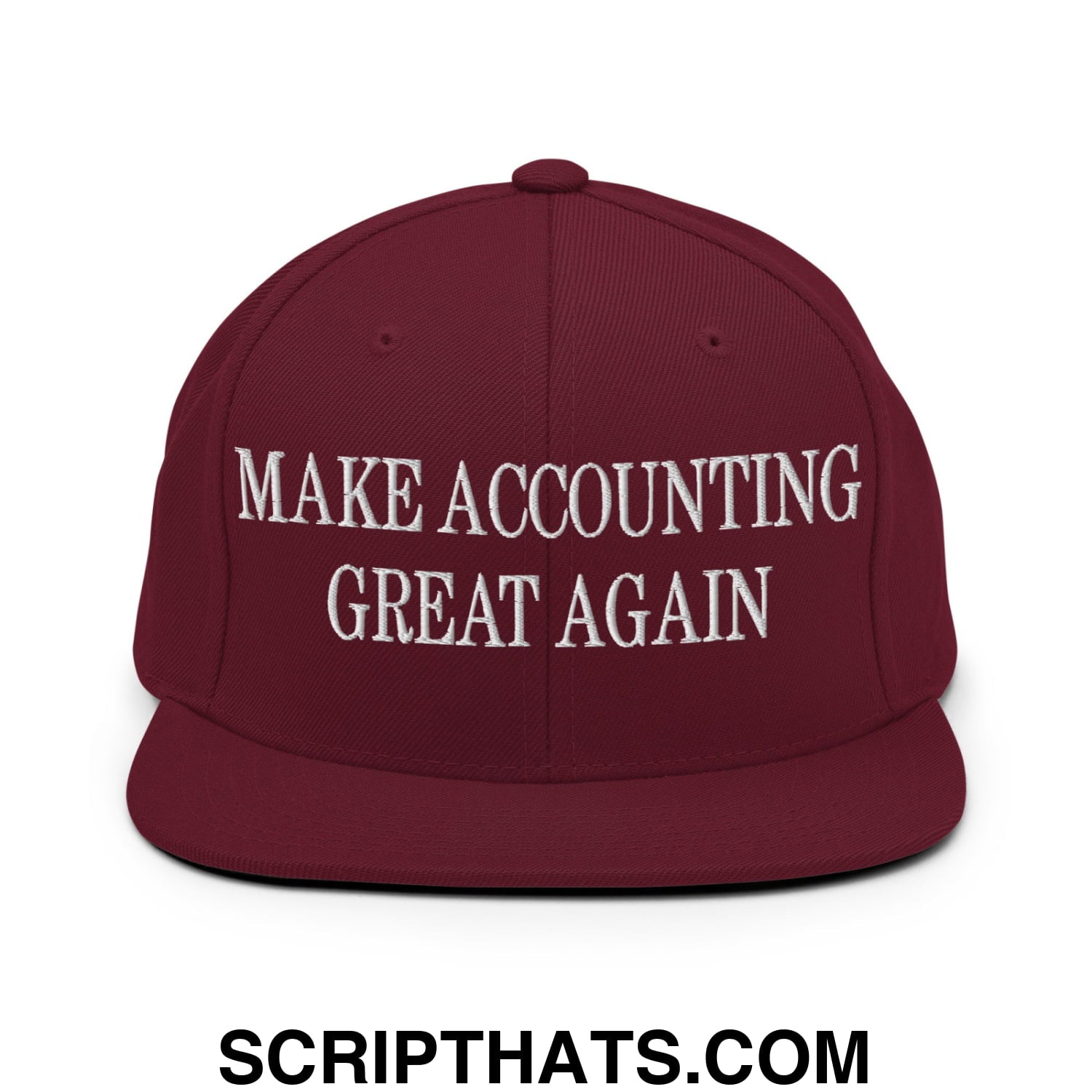 Maroon flat bill snapback hat with white embroidered text make accounting great again for casual wear