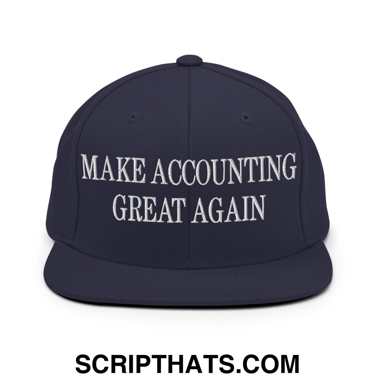 Navy blue snapback cap with white embroidered make accounting great again text and flat bill brim design