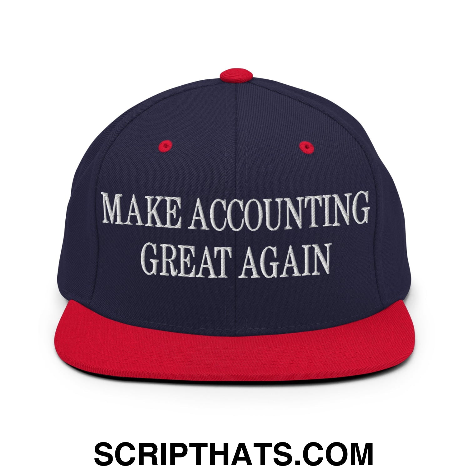 Navy blue and red snapback hat with white embroidered make accounting great again text and flat bill brim