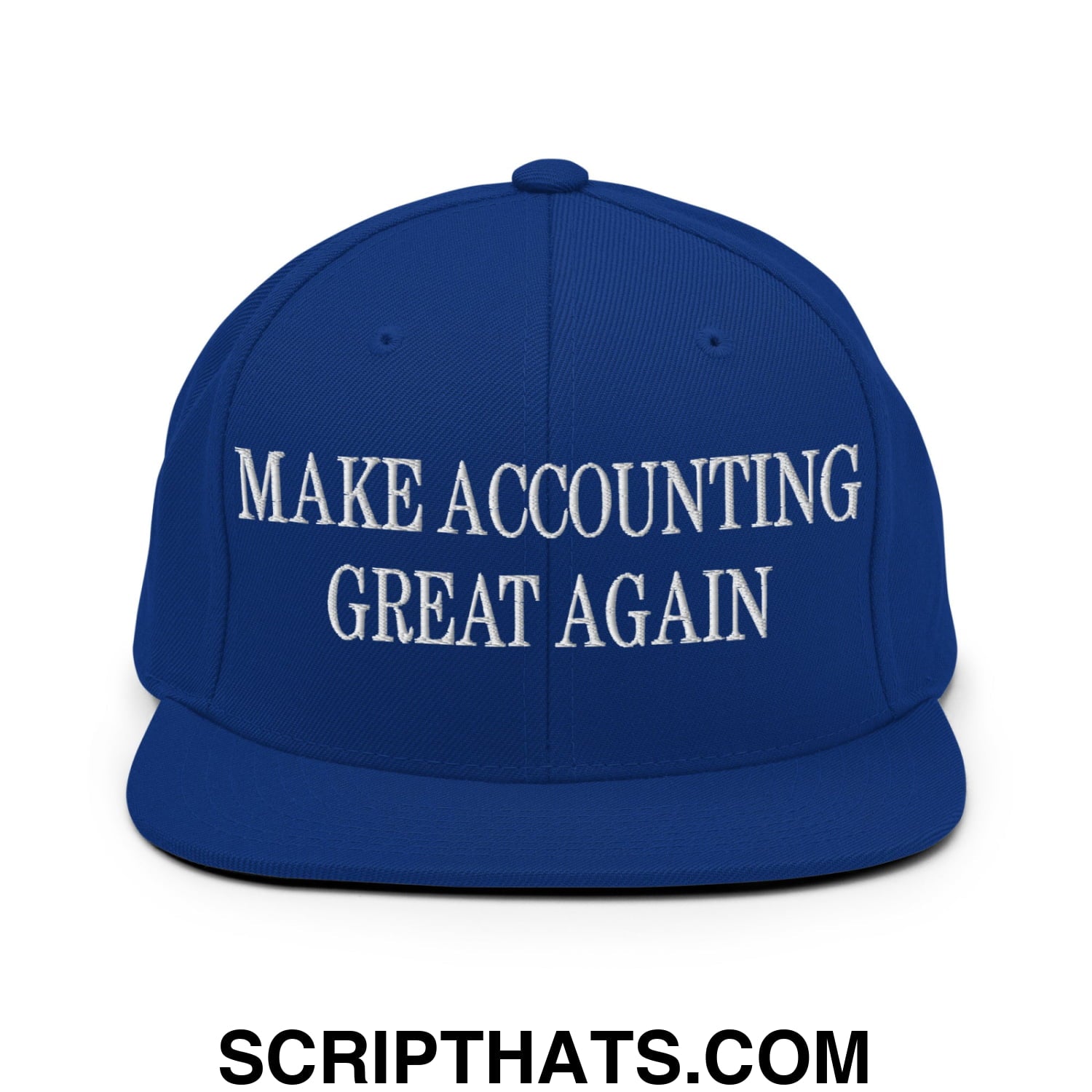 Royal blue snapback hat with white embroidered make accounting great again text and flat bill brim design