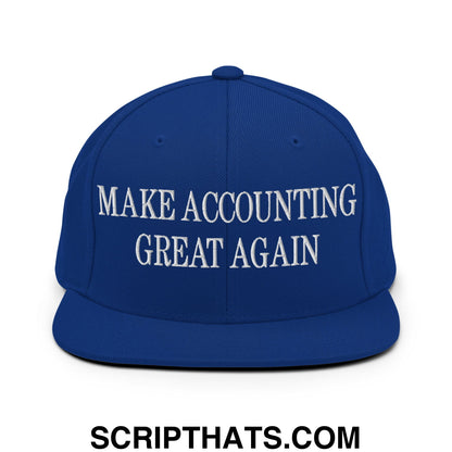 Royal blue snapback hat with white embroidered make accounting great again text and flat bill brim design
