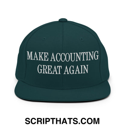 Dark green snapback hat with white embroidered make accounting great again text and flat bill brim design