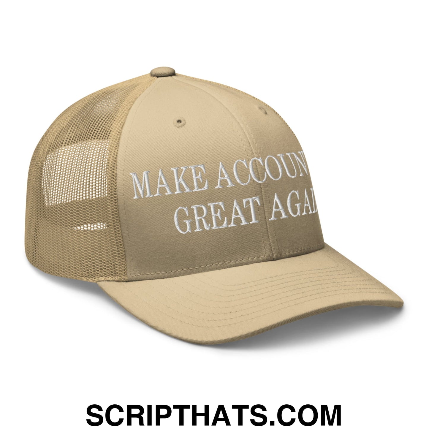 Beige mesh trucker hat with white embroidered make america great again text for accounting enthusiasts