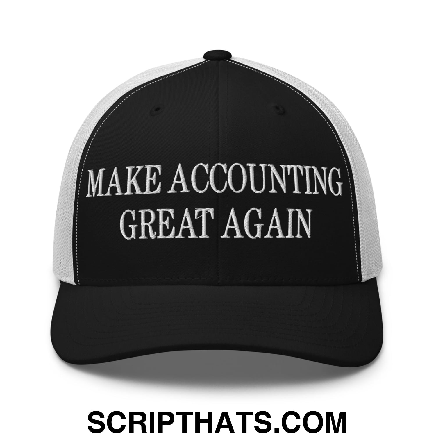 Black and white mesh trucker hat with embroidered text make accounting great again in bold capital letters