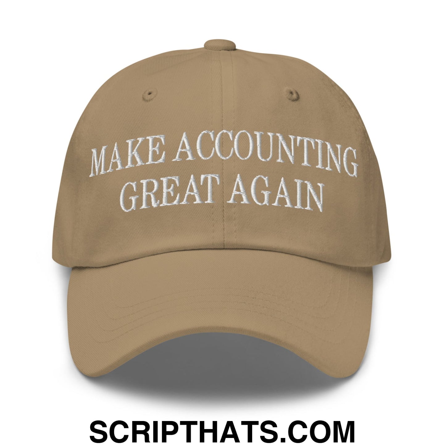Tan unstructured dad hat with white embroidered make accounting great again text for casual wear