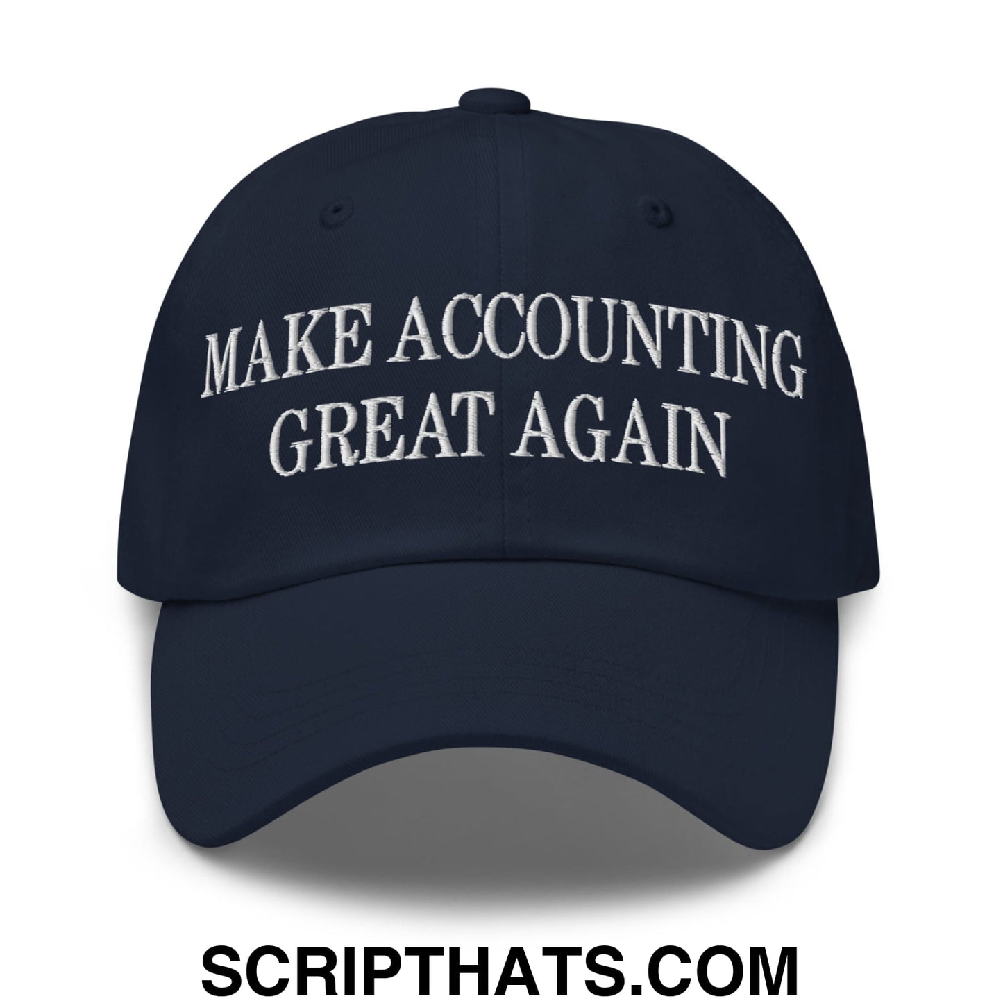 Navy blue unstructured dad hat with white embroidered text make accounting great again for casual wear