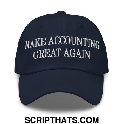 Navy blue unstructured dad hat with white embroidered text make accounting great again for casual wear