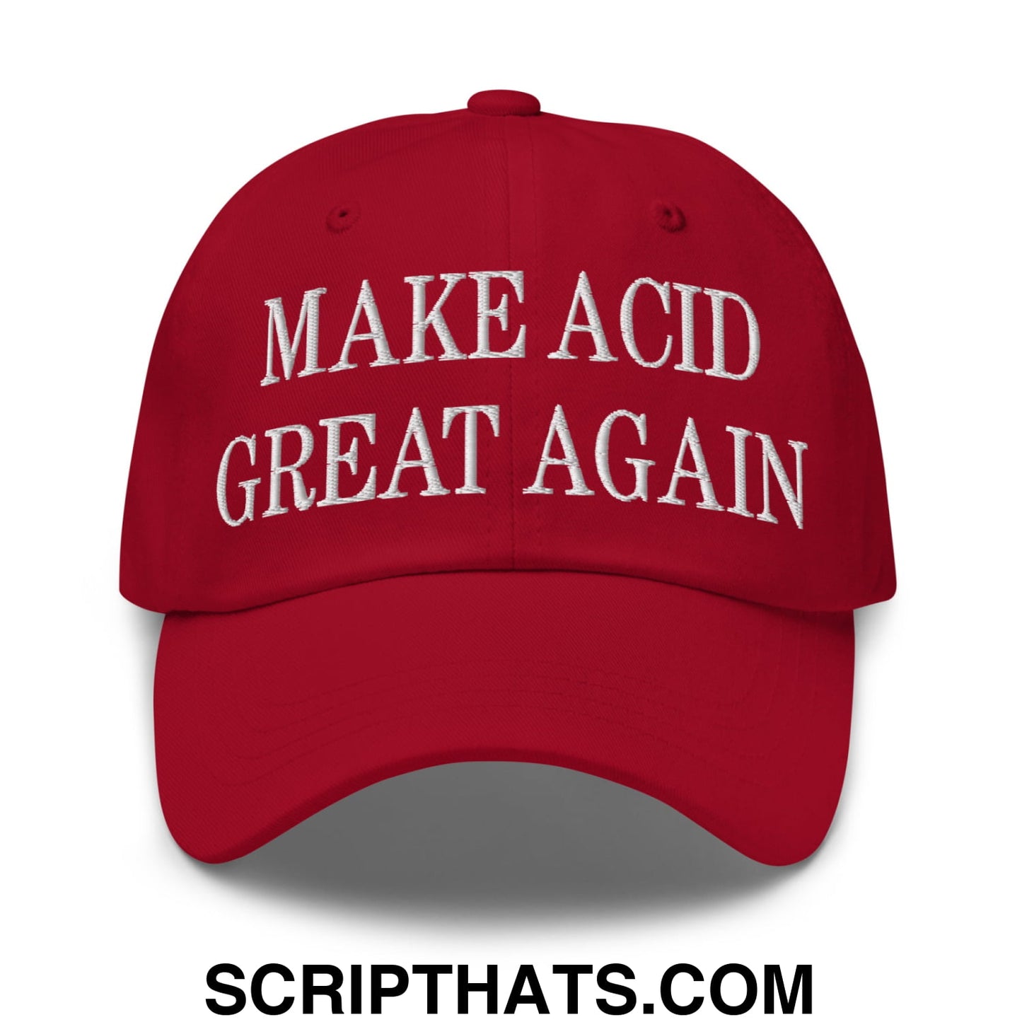 A red unstructured dad hat with white embroidered make acid great again text for casual wear