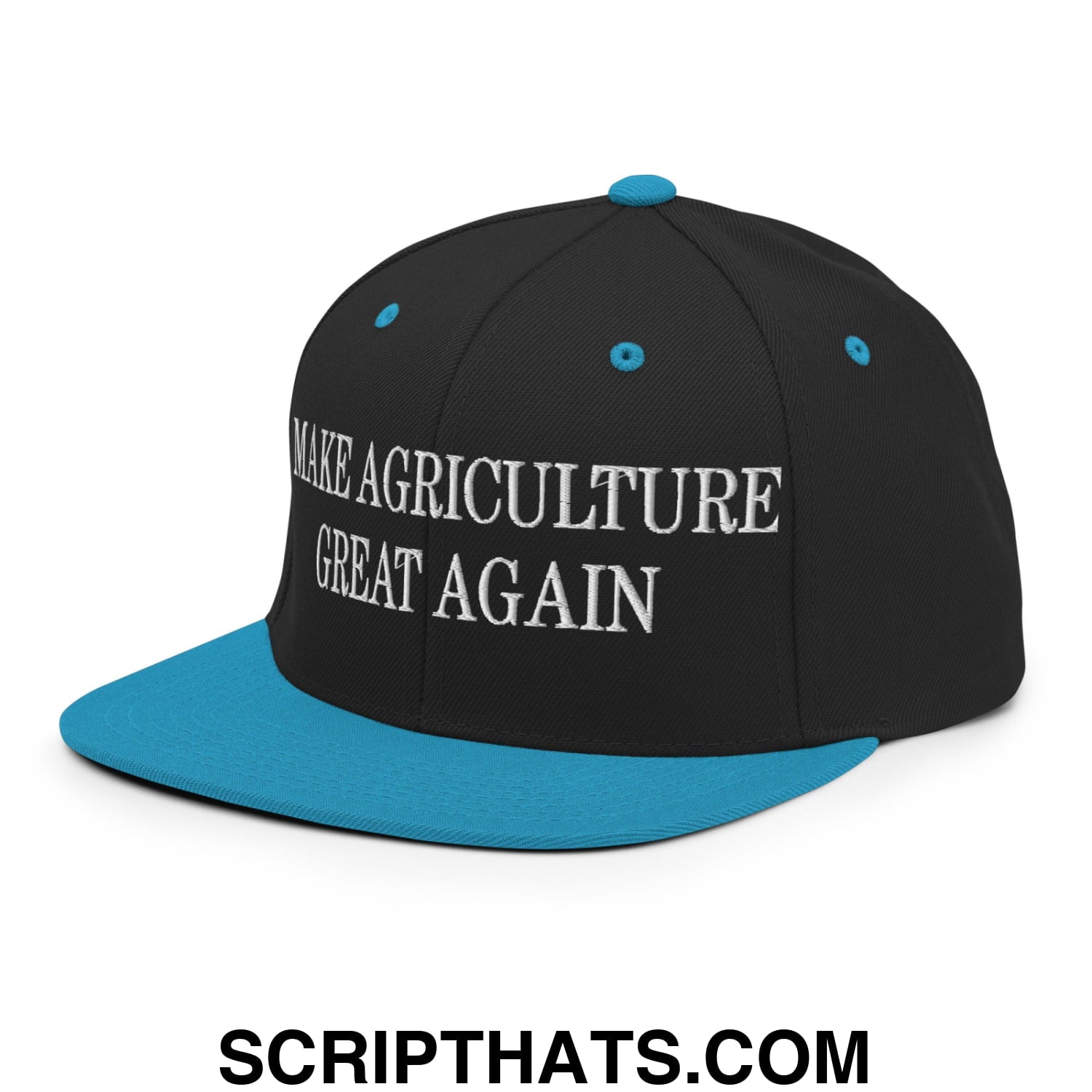 Black snapback cap with teal brim and button featuring white embroidered text make agriculture great again