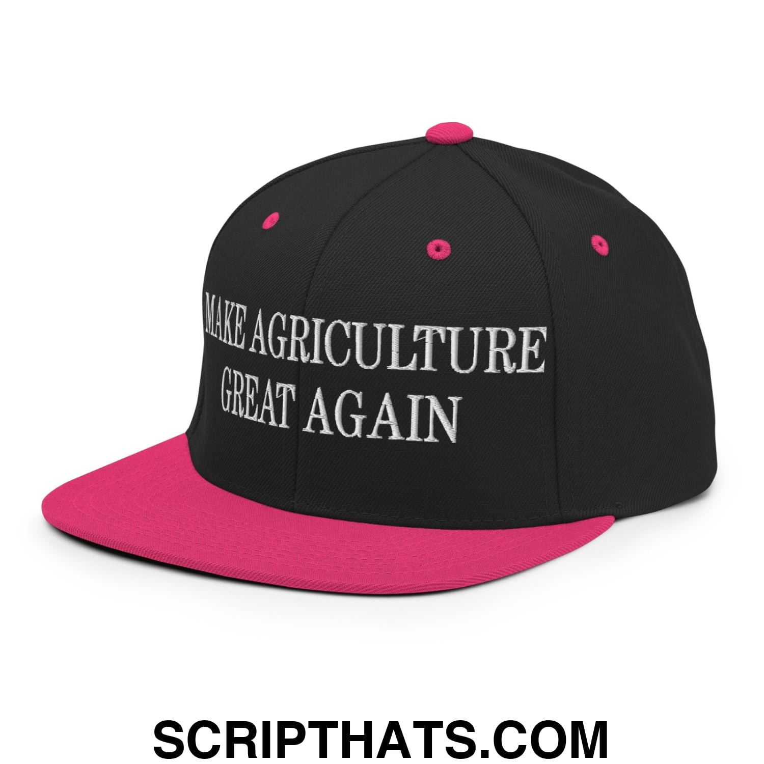 Black snapback cap with vibrant pink brim and button featuring white embroidered make agriculture great again text