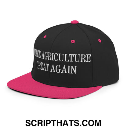 Black snapback cap with vibrant pink brim and button featuring white embroidered make agriculture great again text
