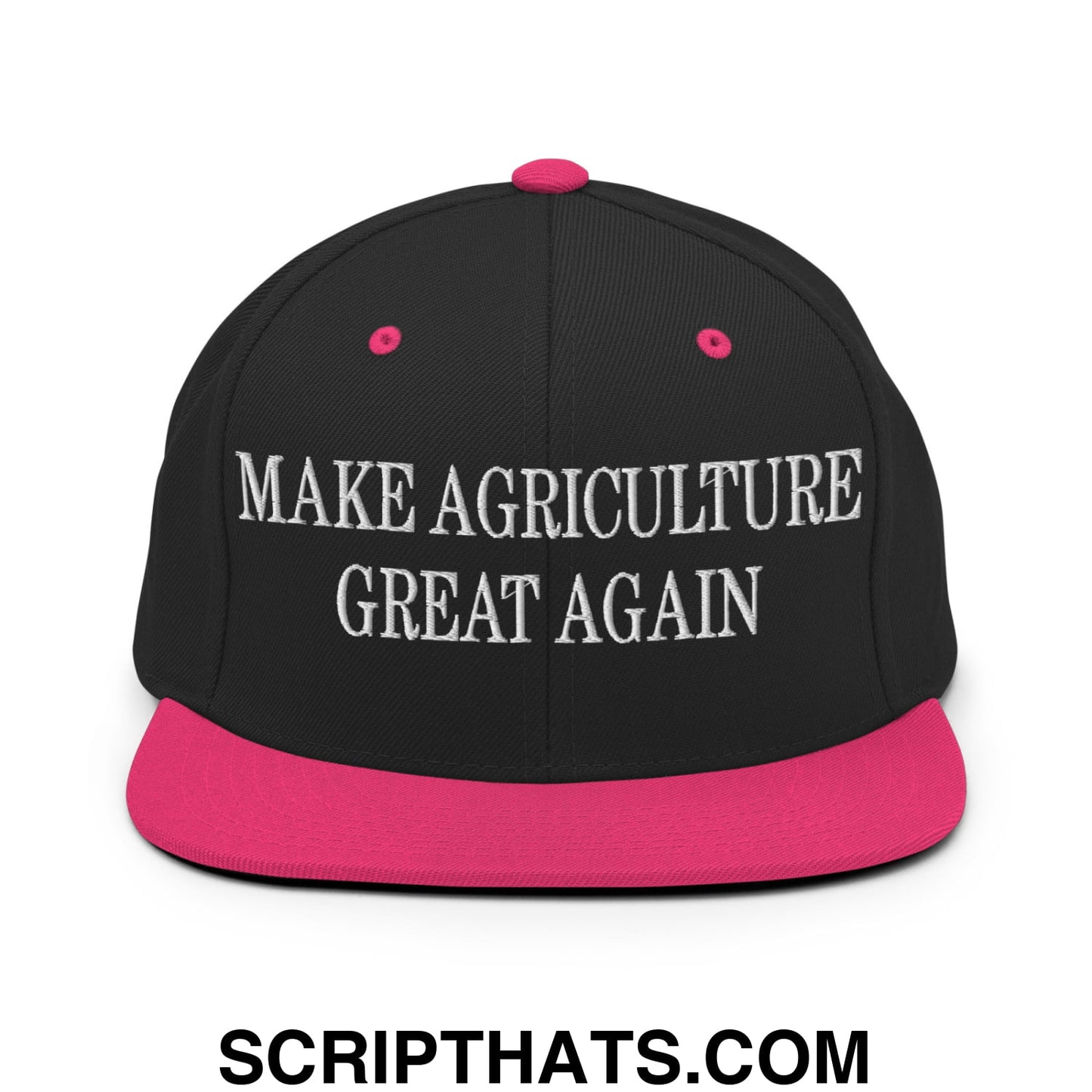 Black snapback cap with vibrant pink brim and button featuring white embroidered text make agriculture great again