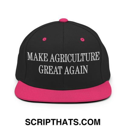 Black snapback cap with vibrant pink brim and button featuring white embroidered text make agriculture great again
