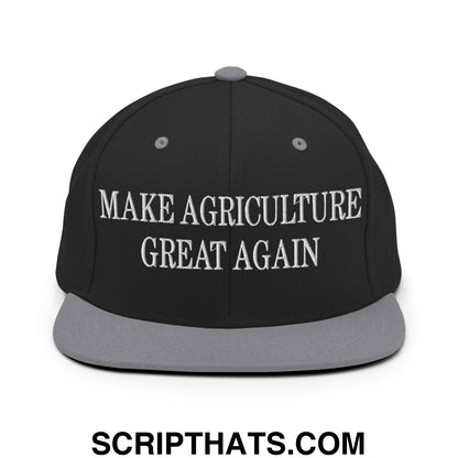 Black snapback cap with gray brim and button featuring white embroidered text make agriculture great again