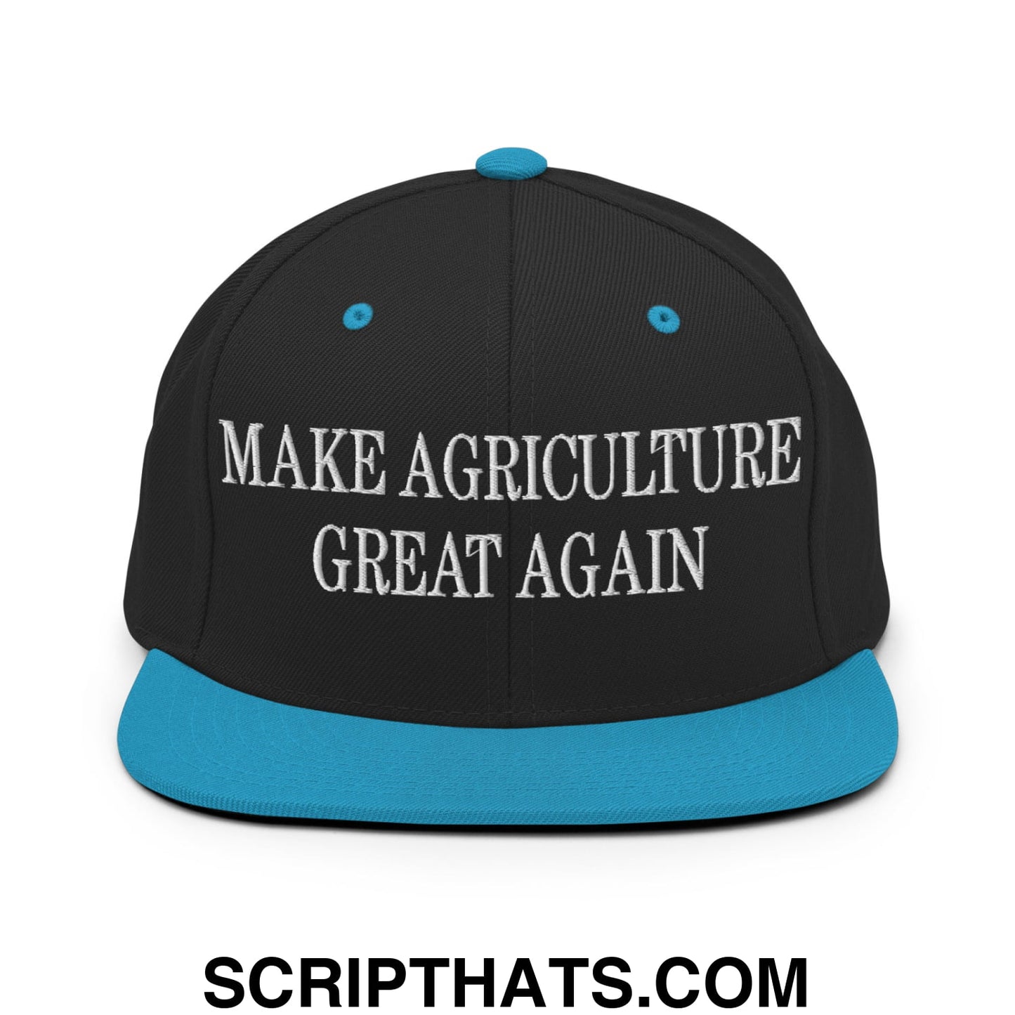 Black snapback cap with teal flat bill brim button and white embroidered make agriculture great again text