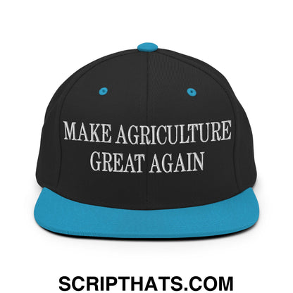 Black snapback cap with teal flat bill brim button and white embroidered make agriculture great again text