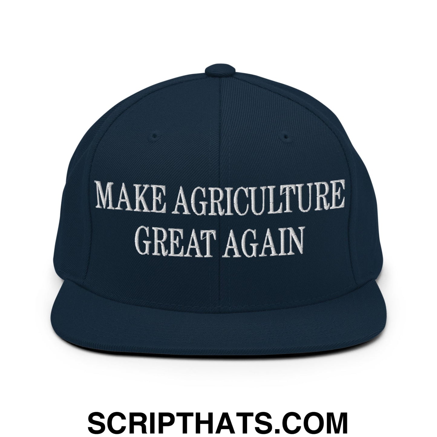 Navy blue snapback hat with white embroidered make agriculture great again text and flat bill brim design