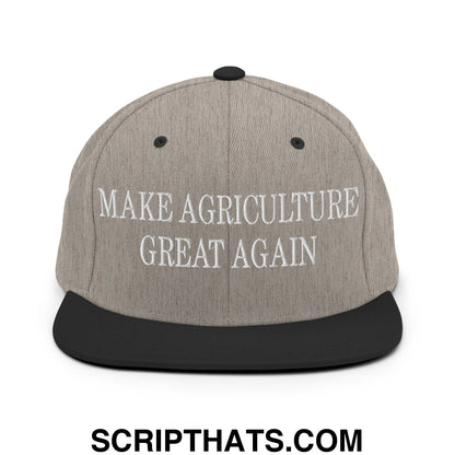 Gray and black snapback cap with white embroidered make agriculture great again text on flat bill brim