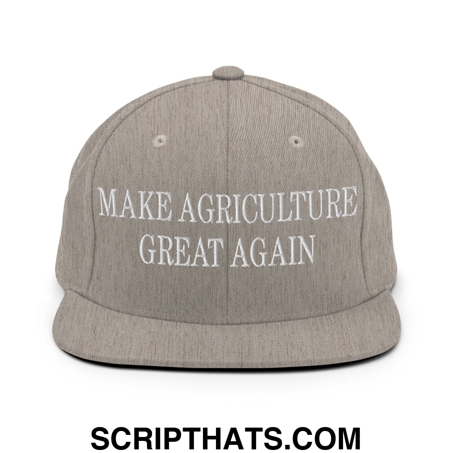 Gray snapback hat with white embroidered make agriculture great again text and flat bill brim design