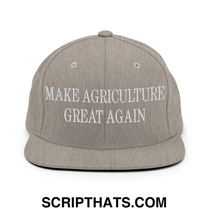 Gray snapback hat with white embroidered make agriculture great again text and flat bill brim design