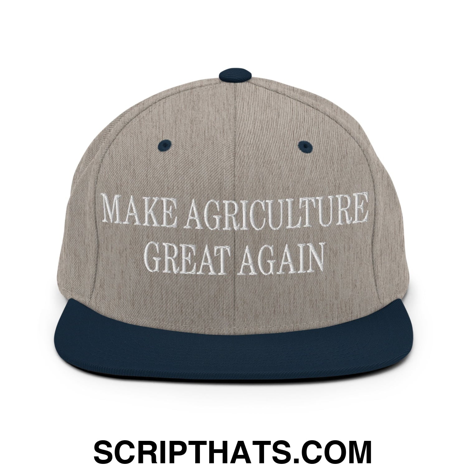 A gray and navy blue snapback hat with make agriculture great again embroidered in white on the front