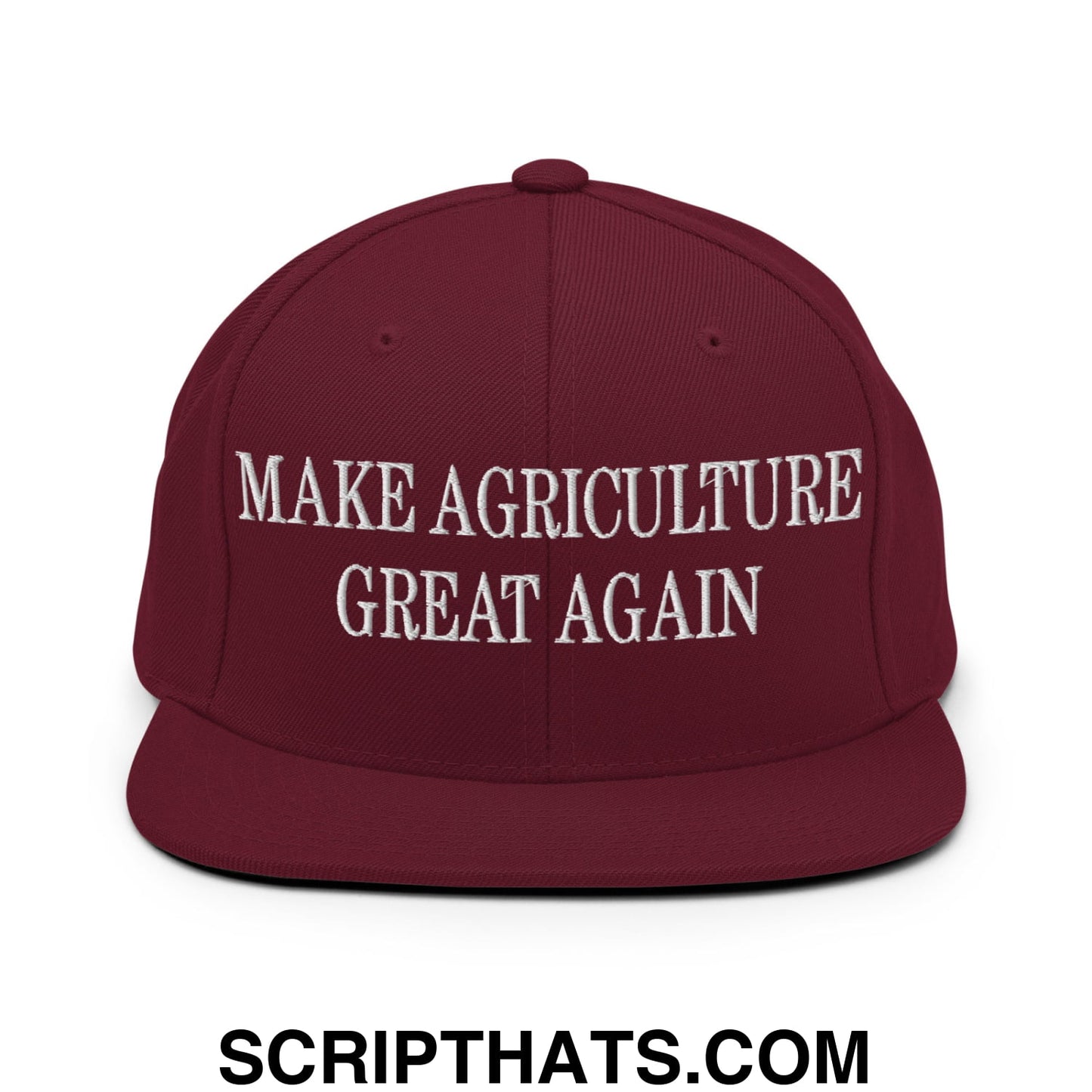 Maroon snapback cap with white embroidered make agriculture great again text and flat bill brim design
