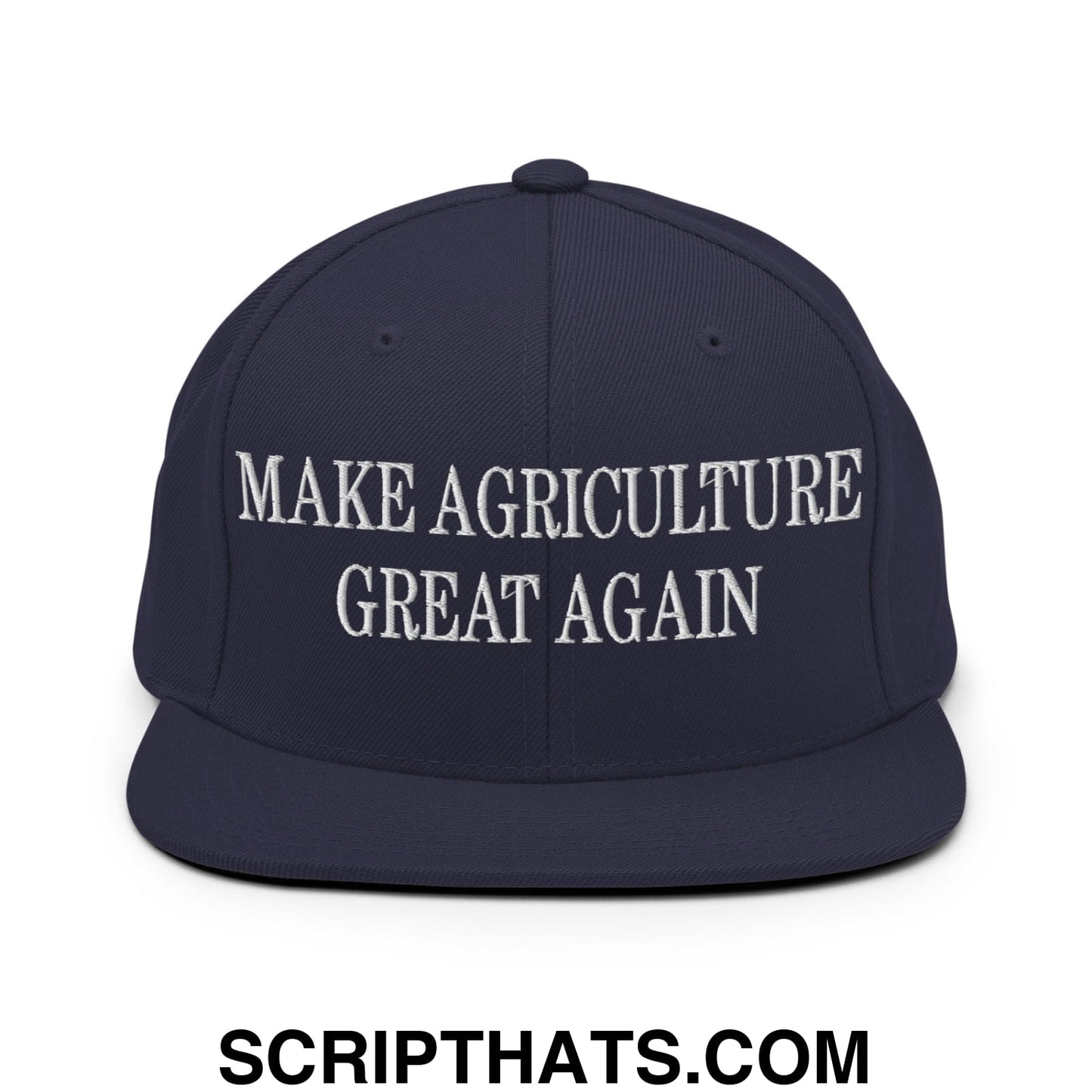 Navy blue snapback cap with white embroidered text reading make agriculture great again flat bill brim hat