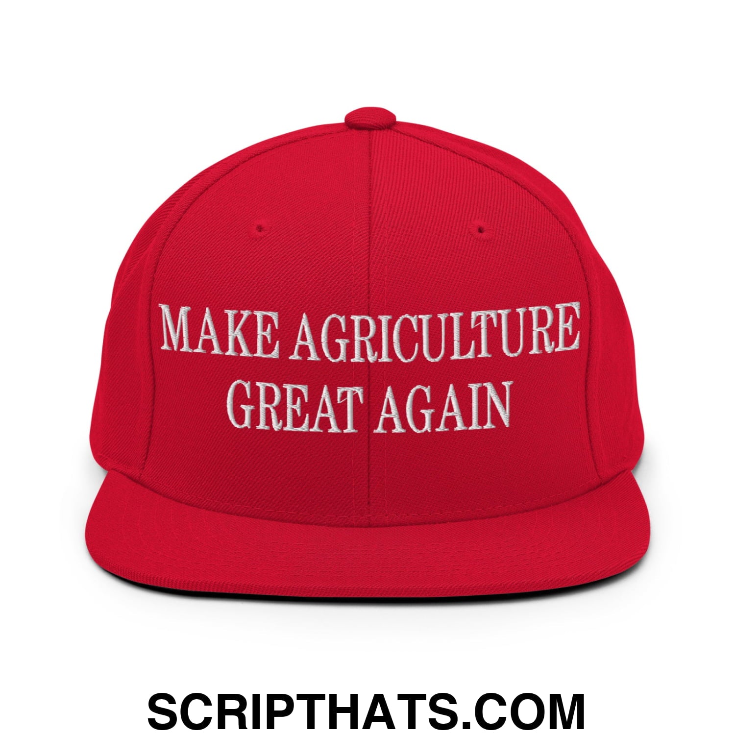 Red snapback cap with white embroidered make agriculture great again text and flat bill brim for outdoor use