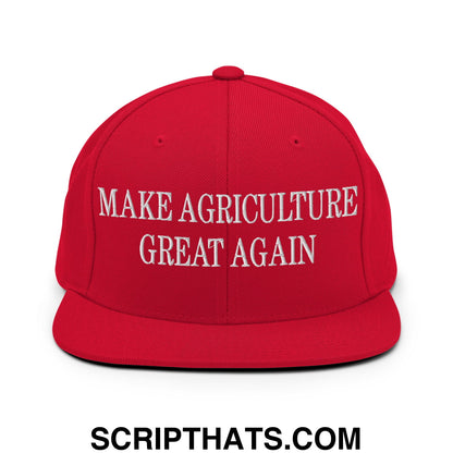 Red snapback cap with white embroidered make agriculture great again text and flat bill brim for outdoor use