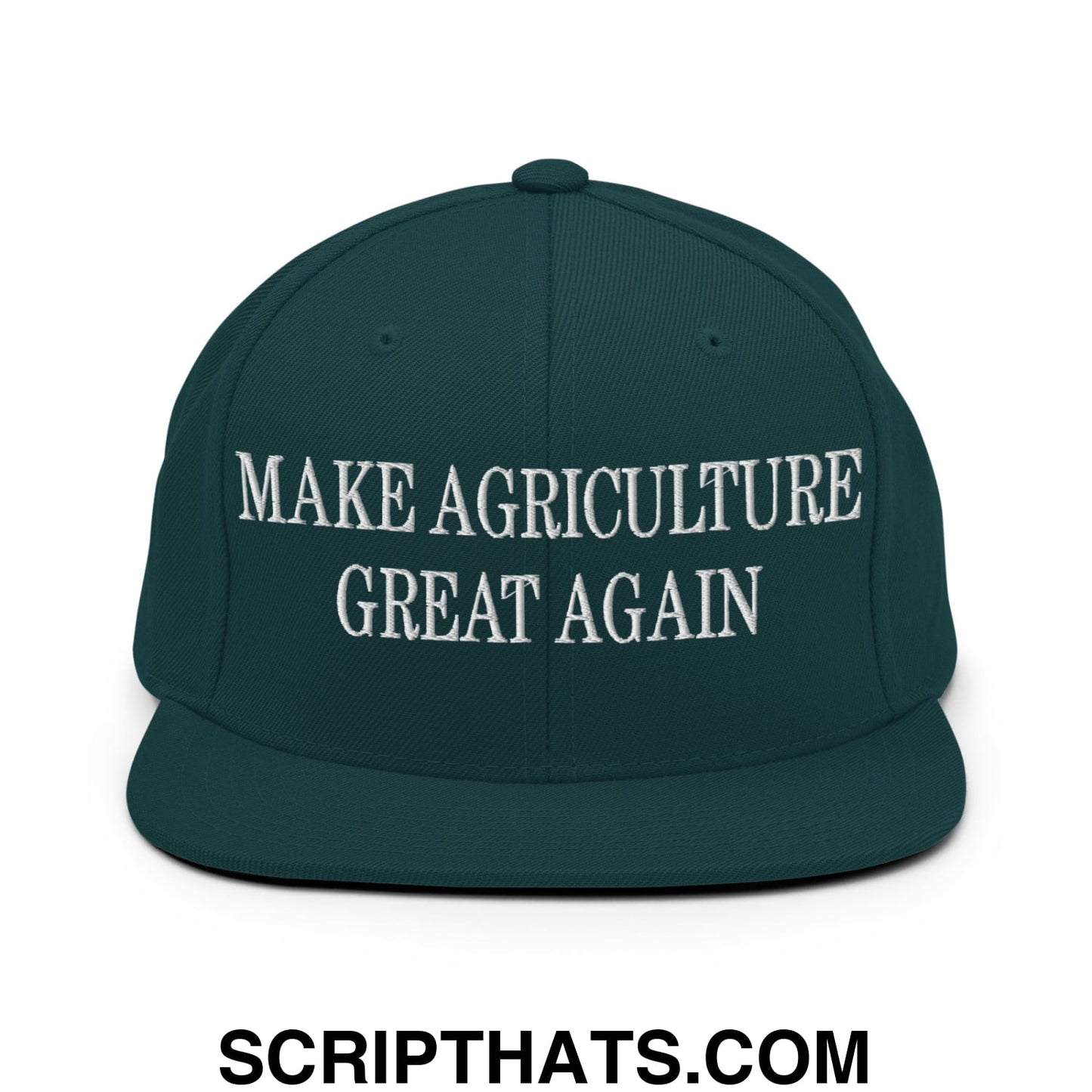 Dark green snapback cap with white embroidered make agriculture great again text and flat bill brim design