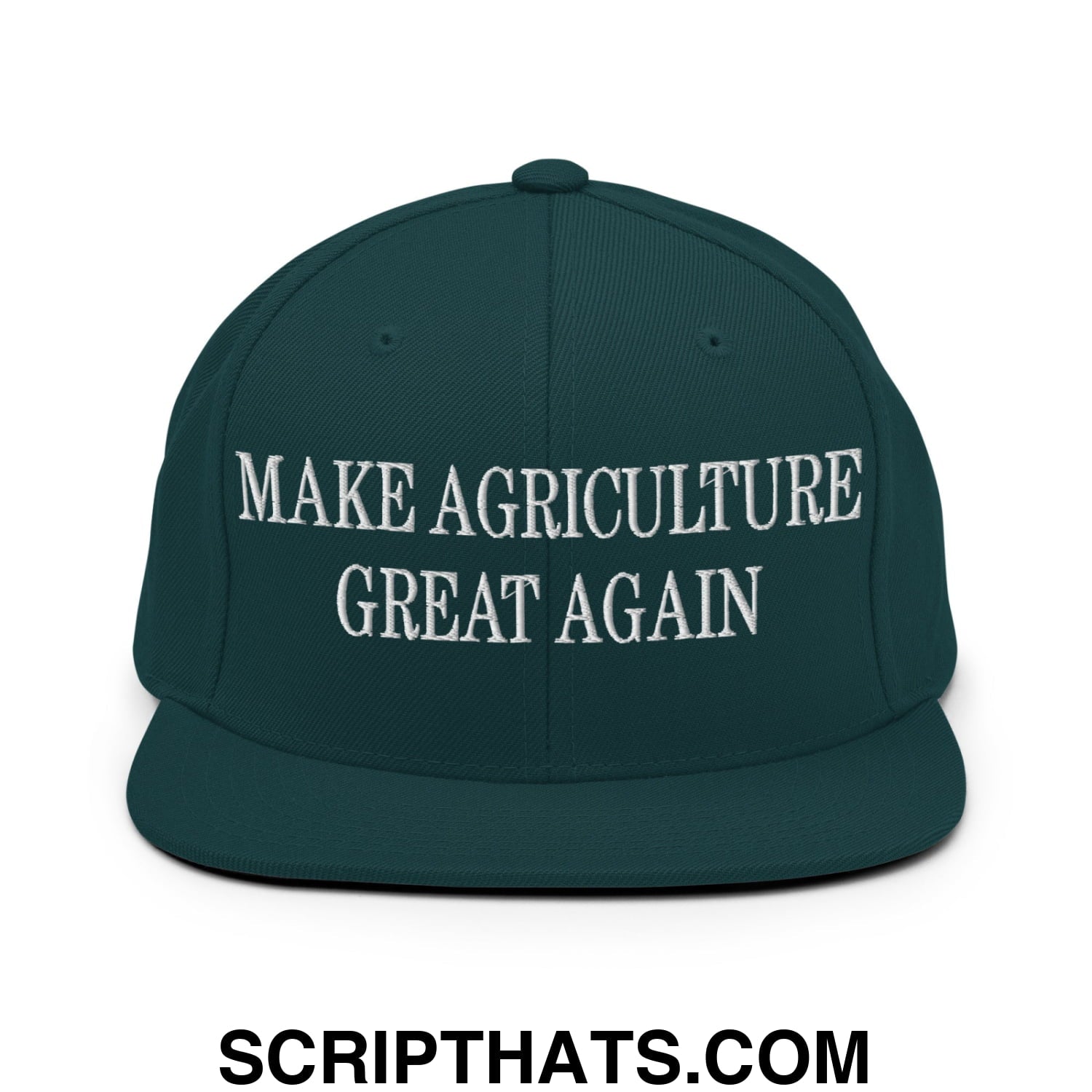 Dark green snapback cap with white embroidered make agriculture great again text and flat bill brim design
