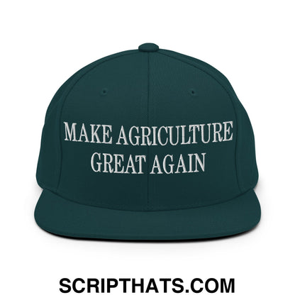Dark green snapback cap with white embroidered make agriculture great again text and flat bill brim design