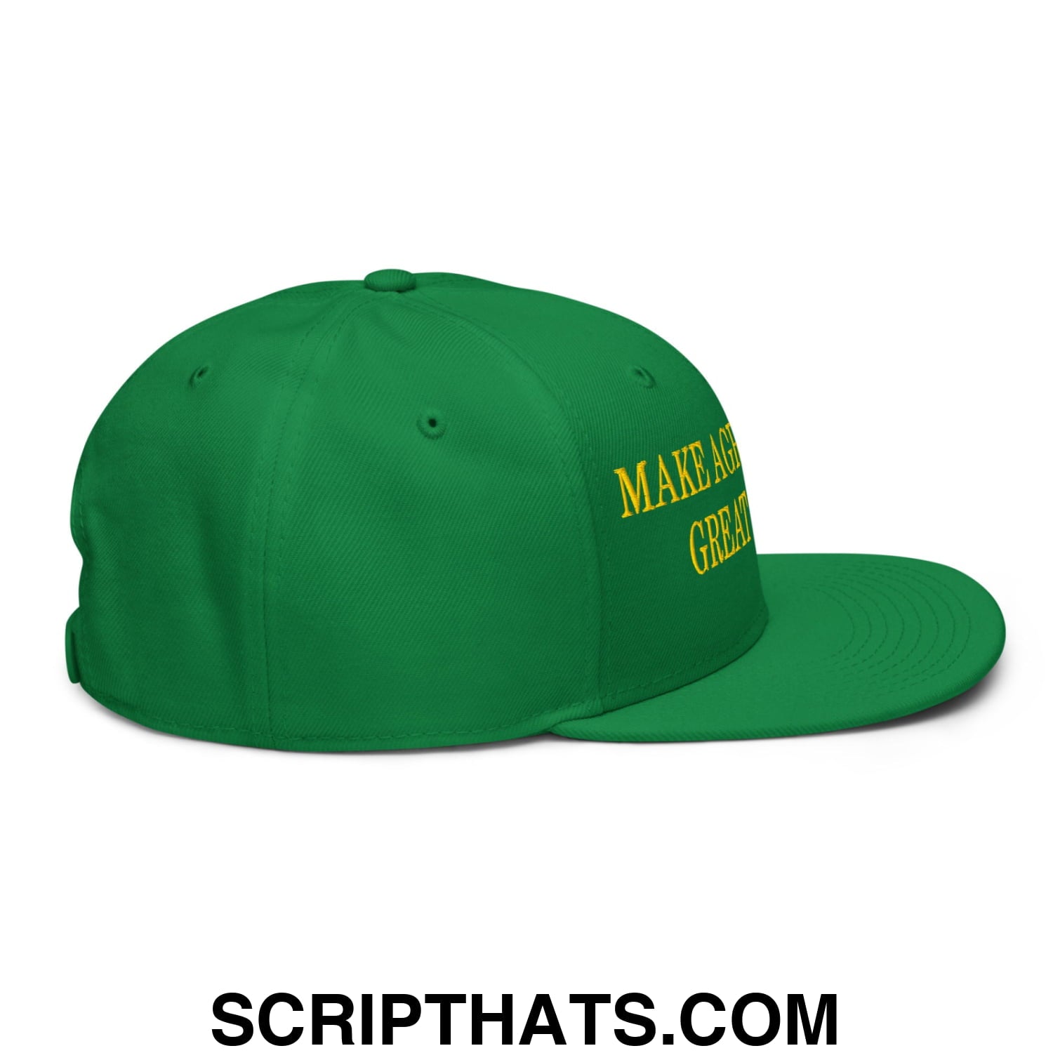 Green snapback hat with yellow embroidered make america great again text on the side for agriculture fans