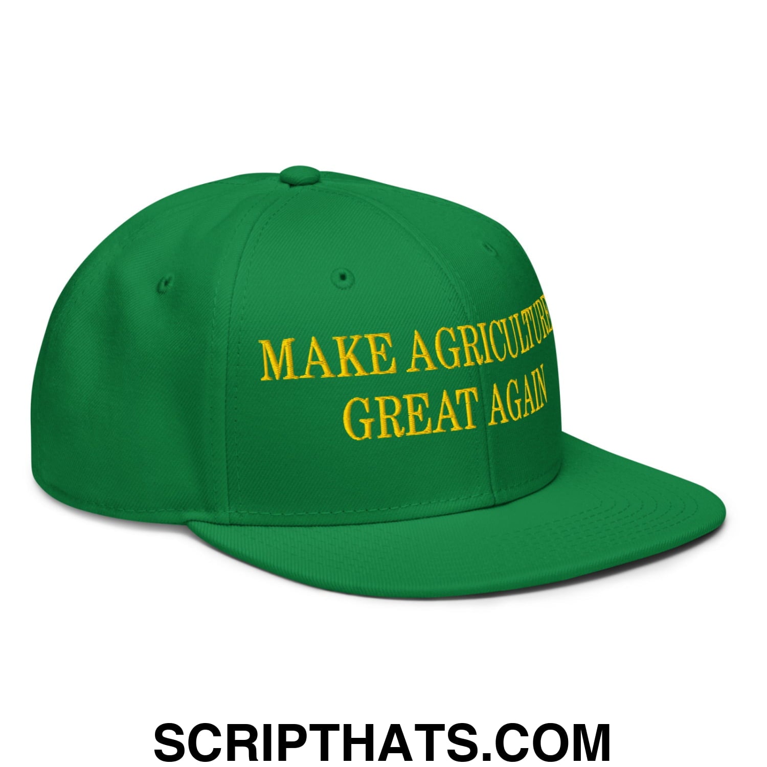 Green snapback cap with yellow embroidered text make agriculture great again and flat bill brim design