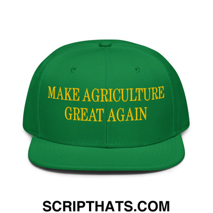 A vibrant green snapback hat with a flat bill and bold yellow embroidery saying make agriculture great again