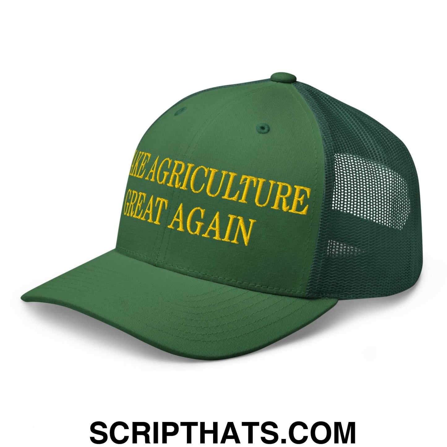 Dark green mesh trucker hat with yellow embroidered make agriculture great again text on the front